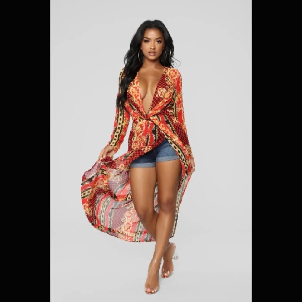 Chain Print Knot Tunic - Red/Gold